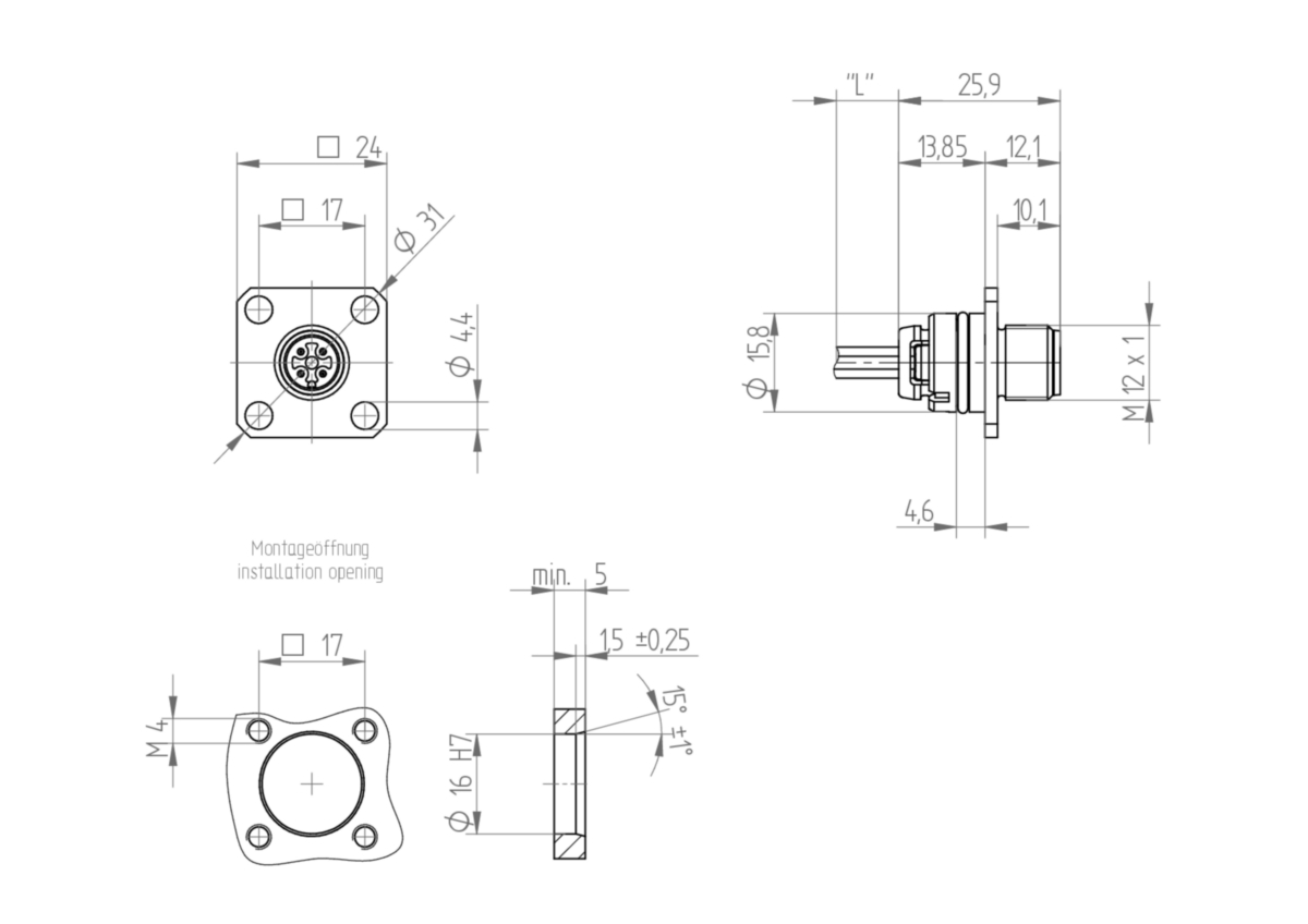 M12 Standaard Sensor/Actuator Receptacle Connector