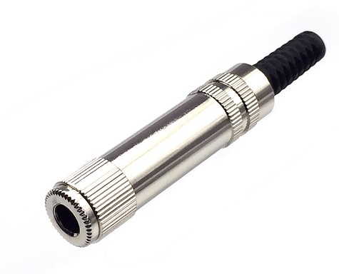 Jack-aansluiting conform JIS C 6560 JC63J3A, 6,35 mm, 3-polig/stereo, rechte uitvoering, met metalen behuizing, met knikbeveiliging en soldeeraansluitingen