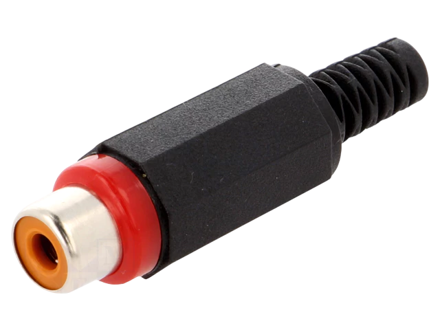 RCA vrouwelijke connector conform JEITA RC-5231, rechte uitvoering, met kunstof behuizing, knikbeveiliging en soldeeraansluitingen