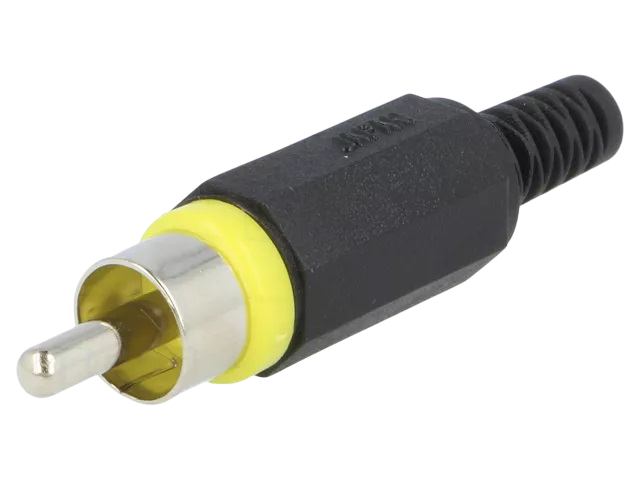 RCA mannelijke connector conform JEITA RC-5231, rechte uitvoering, met kunstof behuizing, knikbeveiliging en soldeeraansluitingen