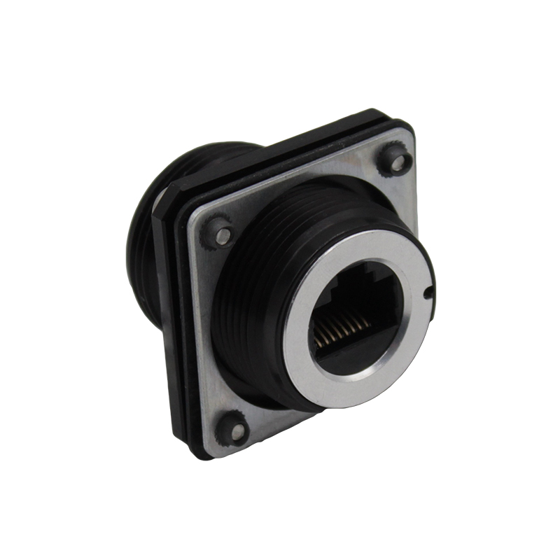 Black Anodised Aluminium Flange Mount Connector with Mounting Hardware - Unshielded - Cat5e Female