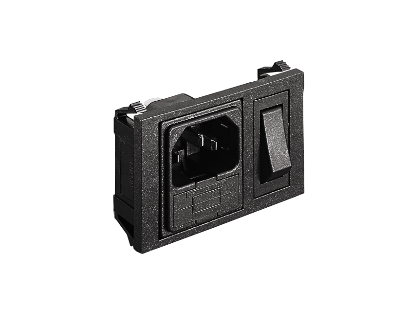 Horizontal Power Entry Module 62.7mm C14 Cold Condition Inlet Integral Twin Fused (PF0033) 6.3mm Tab Termination Unfiltered Single Contact Switch