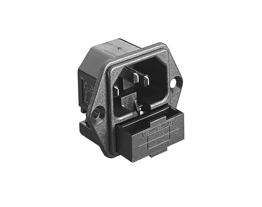 IEC-connector flensmontage gefuseerde inlet PF0001 Series zwart 2.8mm soldeertag-aansluiting EN60 320-1 Standard Sheet C14 Class I.