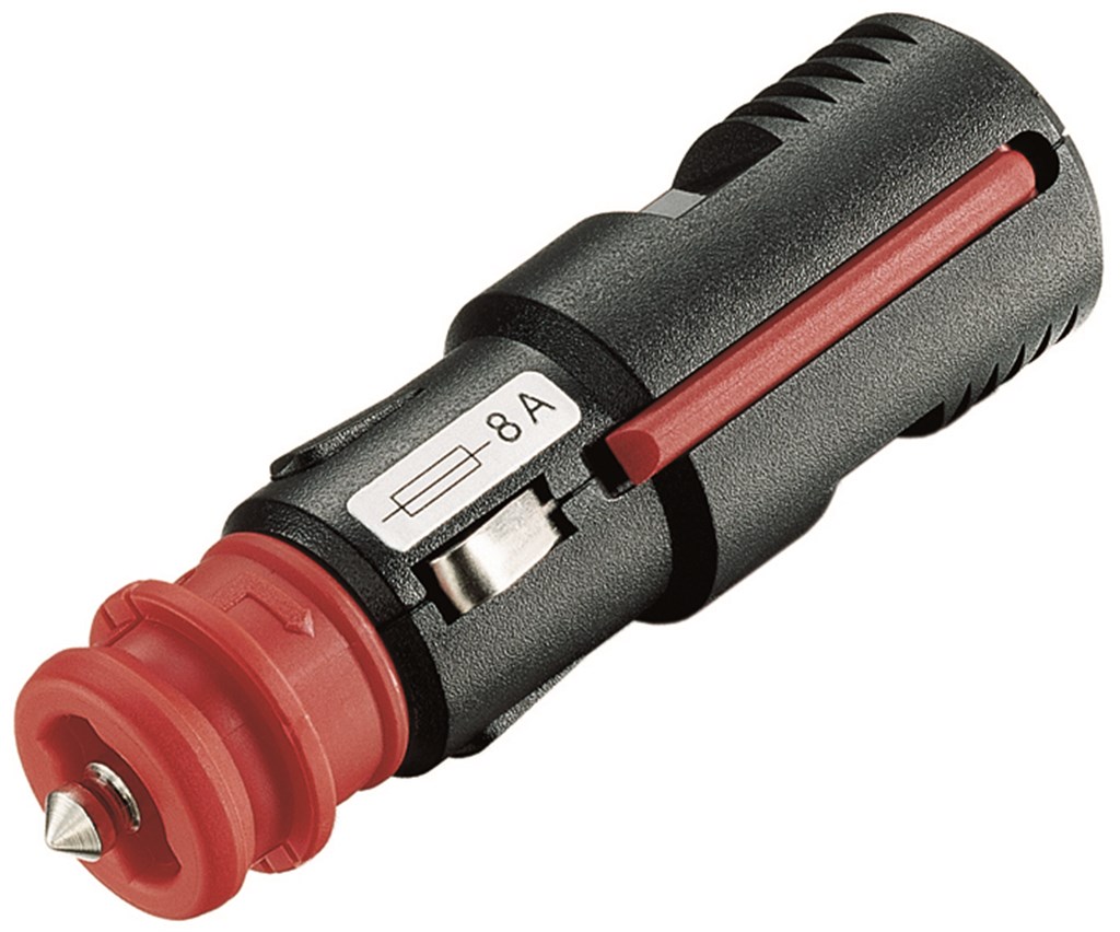 Universele stekker 8A - 12-24 V, geschikt voor sigarettenaanstekers en standaard stopcontacten, schroefklemmen voor kabels tot 2,5 mm2, adapter die door bajonetsluiting vastgezet kan worden, uitklapbaar trekgereedschap.