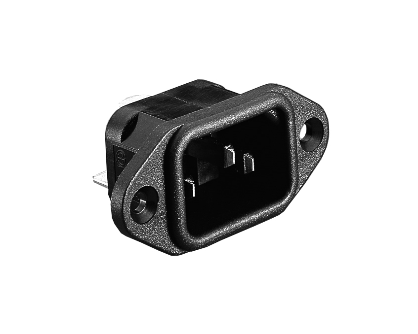 IEC Connector flensgemonteerde inlaat PX0580 Series zwart 4.8mm Tab Termination EN60 320-1 Standard Sheet C14 Class I.