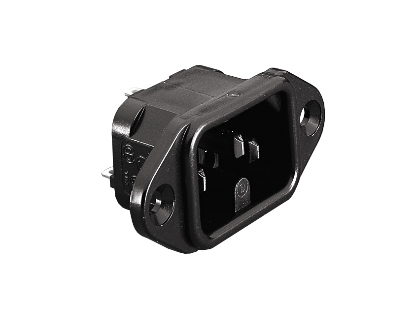 IEC-connector voor flensmontage PX0590 Series zwart met 2.8mm soldeertag-aansluiting, EN60 320-1 standaardblad C15 en C16 Klasse I.