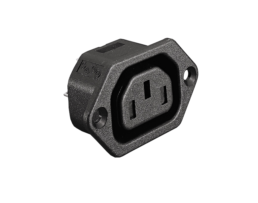 IEC Connector Flange Mount Shuttered Outlet PX0793 Series Black 2.8mm Solder Tag Termination EN60 320-2-2 Standard Sheet F Class I