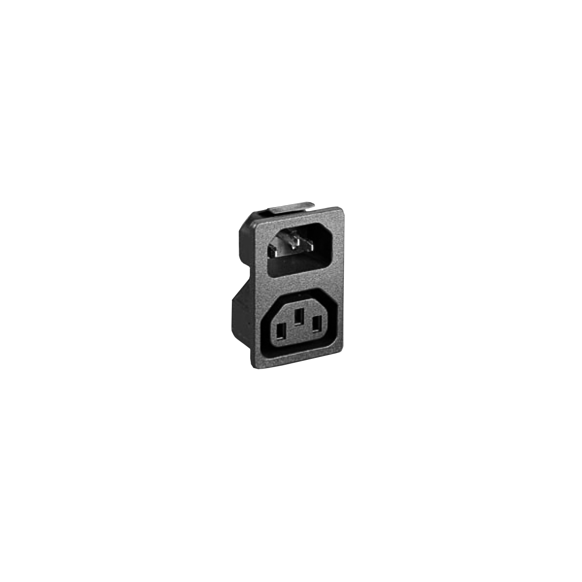 IEC Connector snap-fit voor paneel in-/uitgang PX0716 1.2mm paneel 4.8mm tab-terminatie EN60 320-1 Standard Sheet C14 Class I en EN60 320-2-2 Standard Sheet F Class I.