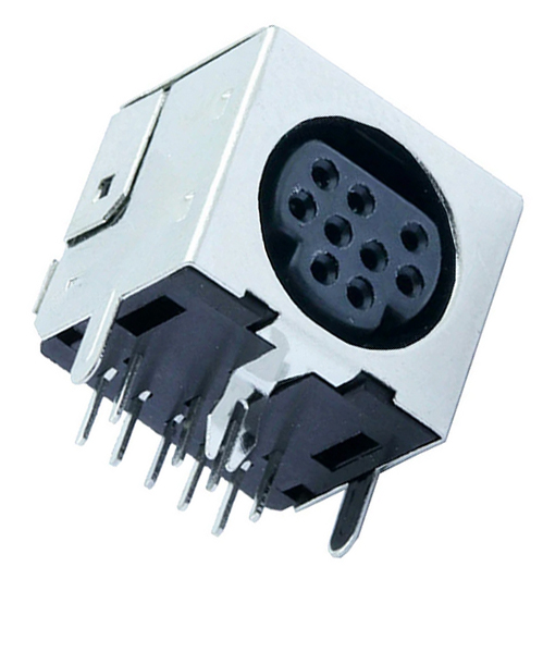 9 Pol. Miniatuur chassis socket, haakse uitvoering, afgeschermd, voor printplaten