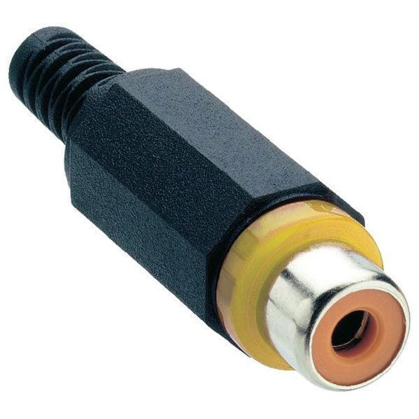 RCA vrouwelijke connector conform JEITA RC-5231, rechte uitvoering, met kunstof behuizing, knikbeveiliging en soldeeraansluitingen