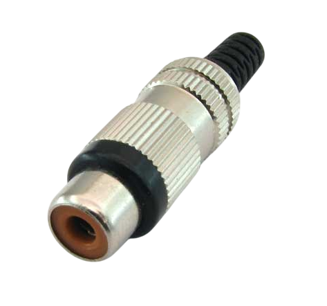 RCA vrouwelijke connector conform JEITA RC-5231, rechte uitvoering, met metalen behuizing, knikbeveiliging en soldeeraansluitingen