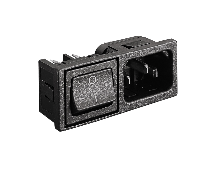 Horizontal Power Entry Module Mini Bezel 48.5mm C14 Cold Condition Inlet (PX0575) 2.8mm Tab Termination 3mm Panel A0110 Filter (1A PS01/A L/C v1) Double Contact Small High Inrush 4.8mm Tab Switch