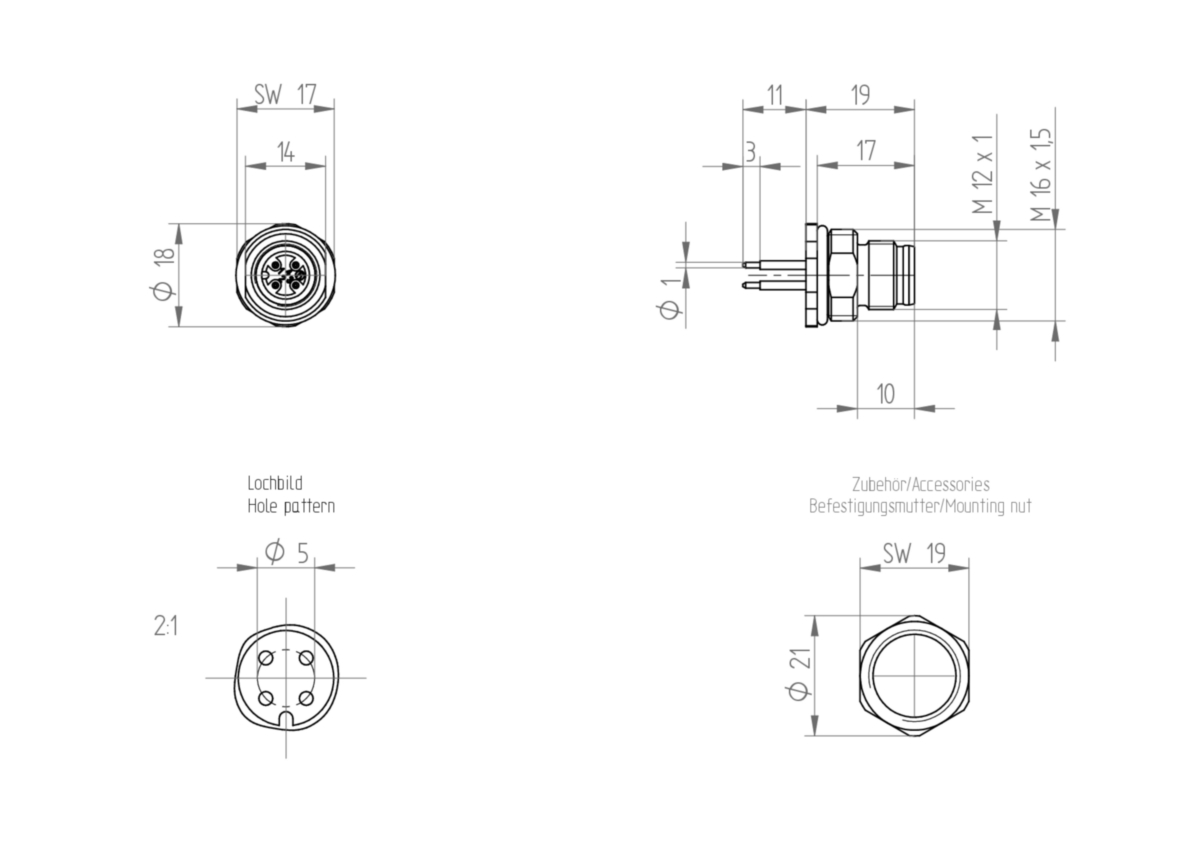 M12 standaard sensor/actuator receptakelconnector
