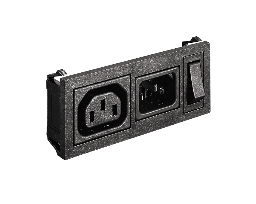 C14 Cold Condition Inlet + Sheet F Non-Shuttered Outlet (PX0575+PX0695) 2.8mm Tab Termination A1030 Filter (10A PS01/A L/C v3) Single Contact Illuminated Switch Marked I/O Green