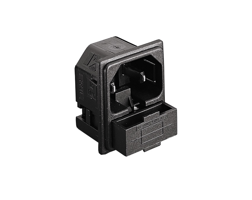 IEC-connector snap-fit voor paneel, gefuseerde inlaat 2-polig PF0016 Series 1.5mm paneel zwart, 2.8mm soldeertag-aansluiting, EN60 320-1 Standard Sheet C18 Class II.