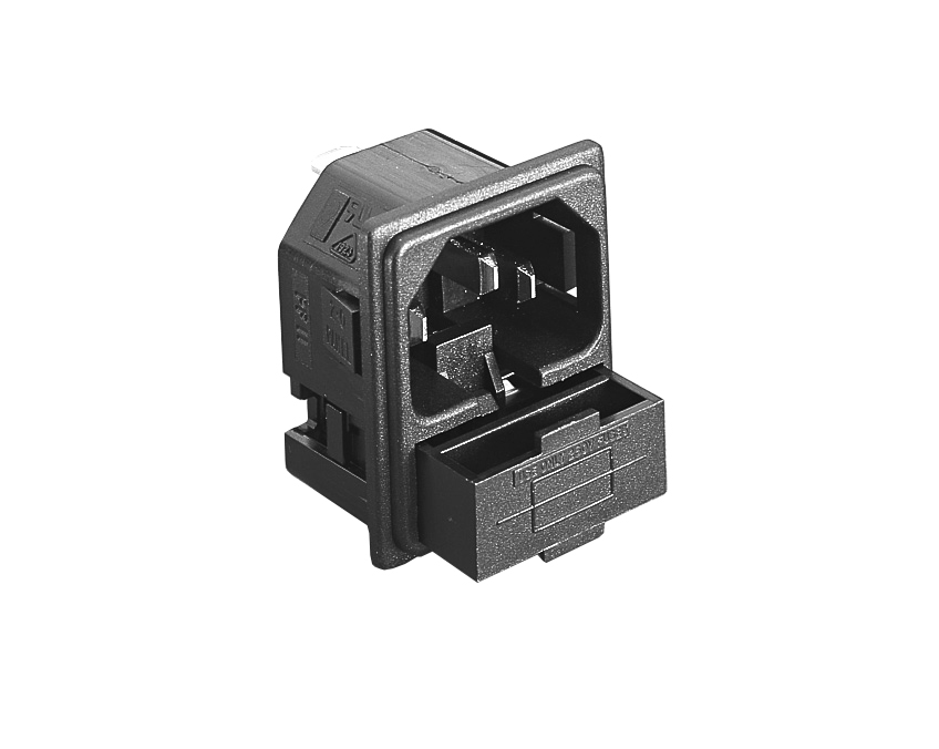 IEC connector PCB-montage snap-fit voor paneel, gefuseerde inlaat PF0011 Series 1.5mm paneel grijs PCB Spills Termination EN60 320-1 Standard Sheet C14 Class I.