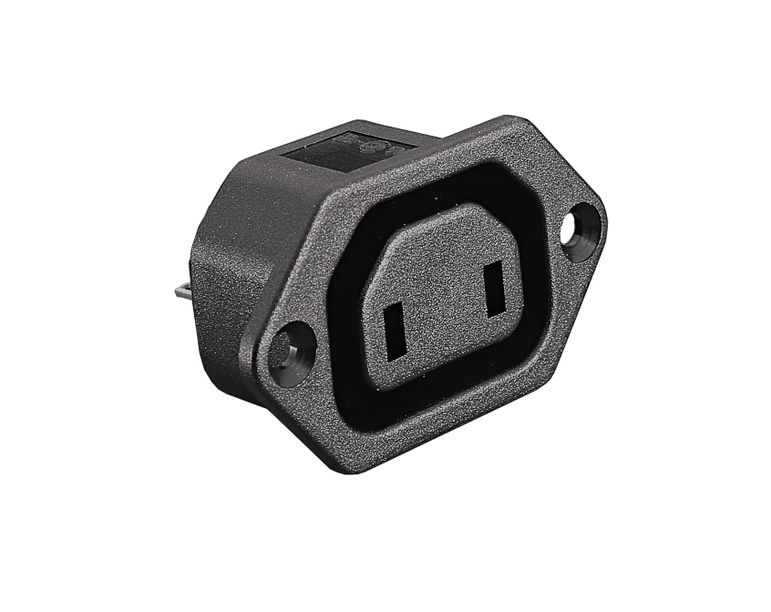 IEC Connector Flange Mount Outlet 2 Pin PX0705 Series Black 4.8mm Tab Termination EN60 320-2-2 Standard Sheet H Class II
