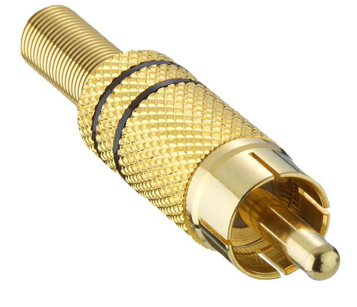 RCA mannelijke connector conform JEITA RC-5231, rechte uitvoering, met metalen behuizing, knikbeveiliging en soldeeraansluitingen