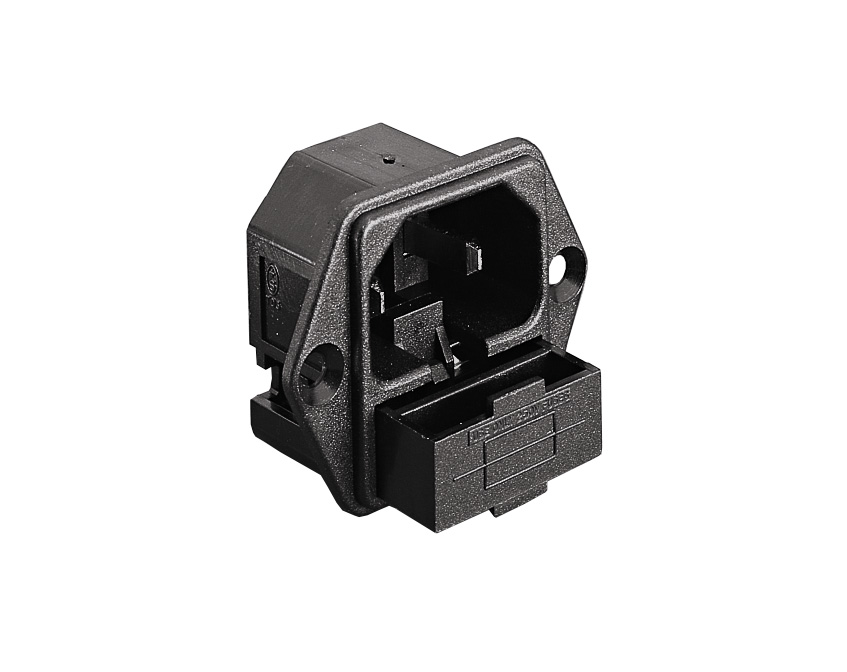 IEC Connector flensmontage gefuseerde inlaat 2-polig PF0006 Series zwart 2.8mm soldeertag-terminatie EN60 320-1 Standard Sheet C18 Class II.