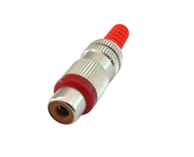 RCA vrouwelijke connector conform JEITA RC-5231, rechte uitvoering, met metalen behuizing, knikbeveiliging en soldeeraansluitingen