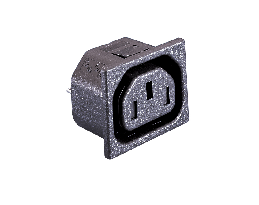IEC Connector Snap Fit To Panel Shuttered Outlet PX0783 Series 1.5mm Panel Black 2.8mm Solder Tag Termination EN60 320-2-2 Standard Sheet F Class I