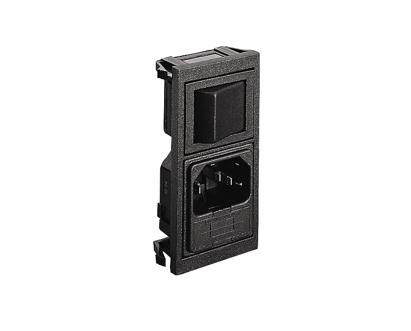 Vertical Power Entry Module 72.3mm C14 Cold Condition Inlet Integral Twin Fused (PF0033) 2.8mm Tab Termination Unfiltered Double Contact High Inrush Illuminated Switch Marked I/O Green