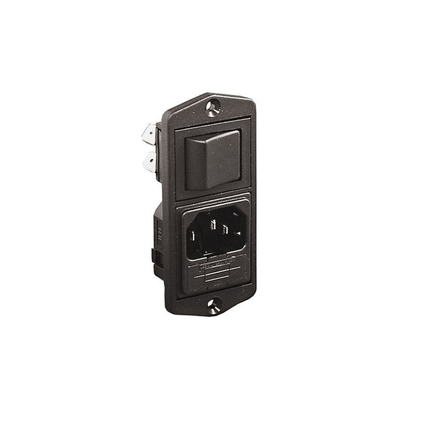 Vertical Power Entry Module 81.5mm Top Fixing Flange Mount C14 Cold Condition Inlet Integral Twin Fused (PF0033) 6.3mm Tab Termination A0420 Filter (4A PS26/A L/C v2) Double Contact High Inrush Switch Marked I/O
