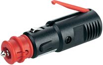 Universele stekker 12-24 V, geschikt voor sigarettenaanstekers en standaard stopcontacten, schroefklemmen voor kabels tot 2,5 mm2, adapter die door bajonetsluiting vastgezet kan worden, uitklapbaar trekgereedschap.