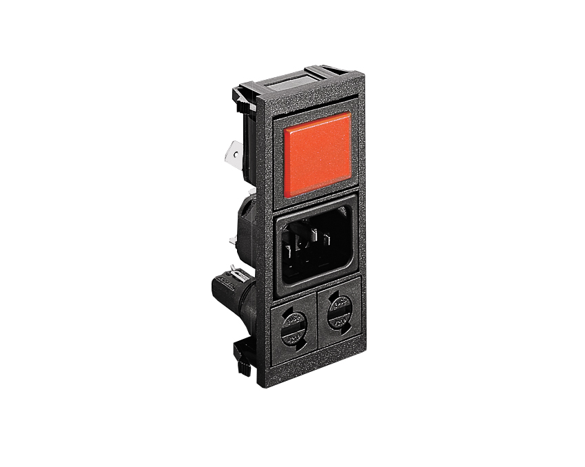 Vertical Power Entry Module 78.7mm C14 Cold Condition Inlet (PX0575) 2.8mm Tab Termination A0120 Filter (1A PS01/A L/C v2) 2 x FX0359 Fuseholders Double Contact High Inrush Illuminated Switch Marked I/O Red