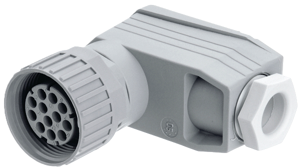 NR-ronde connector, DIN 43651, 11+PE-pinnen, veldmontage, vrouwelijk, haaks