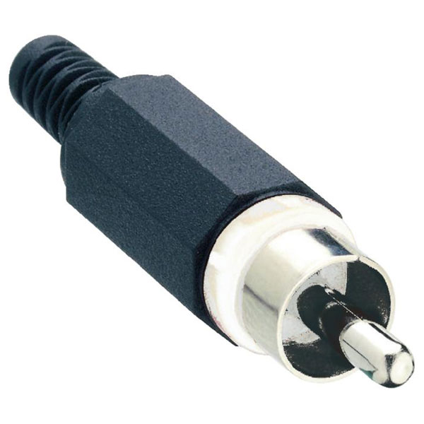 RCA mannelijke connector conform JEITA RC-5231, rechte uitvoering, met kunstof behuizing, knikbeveiliging en soldeeraansluitingen
