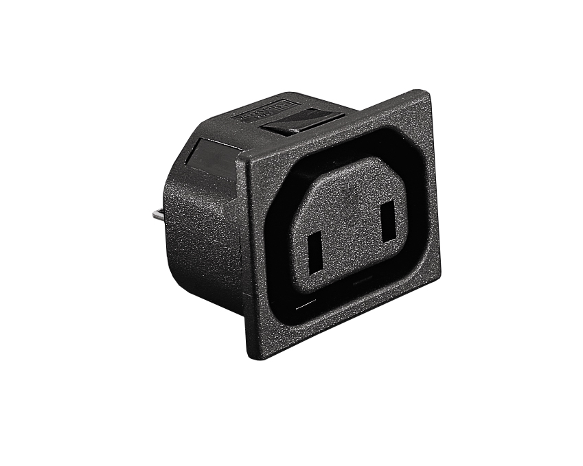 IEC Connector Snap Fit To Panel Outlet 2 Pin PX0725 Series 1.5mm Panel Black 4.8mm Tab Termination EN60 320-2-2 Standard Sheet H Class II