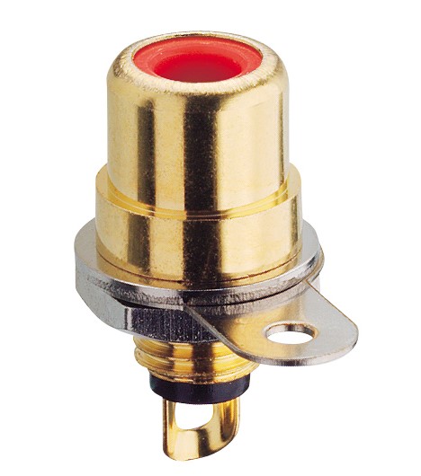 RCA vrouwelijke rechte chassis connector verguld met soldeerogen, voor montage aan de voorzijde
