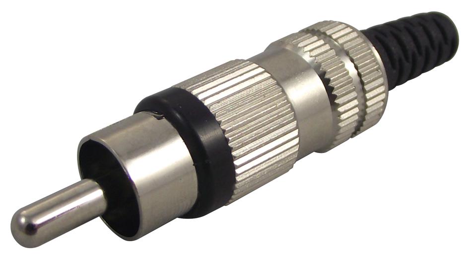 RCA mannelijke connector conform JEITA RC-5231, rechte uitvoering, met metalen behuizing, knikbeveiliging en soldeeraansluitingen