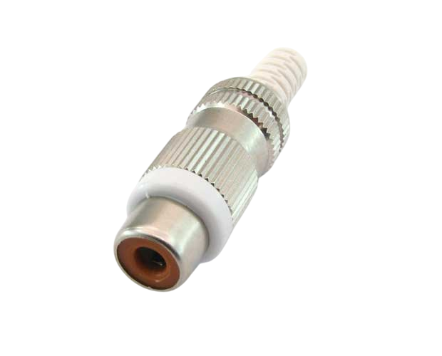RCA vrouwelijke connector conform JEITA RC-5231, rechte uitvoering, met metalen behuizing, knikbeveiliging en soldeeraansluitingen