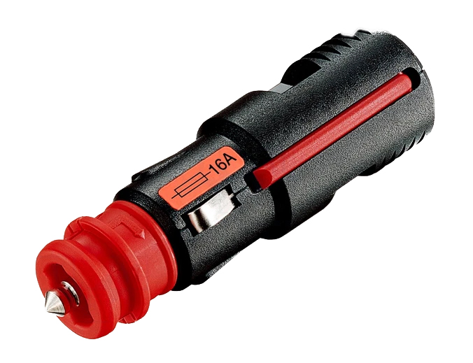 Universele stekker 16A - 12-24 V, geschikt voor sigarettenaansteker en standaard stopcontacten, schroefklemmen voor kabels tot 2,5 mm2, adapter die door bajonetsluiting vastgezet kan worden, uitklapbaar trekgereedschap.