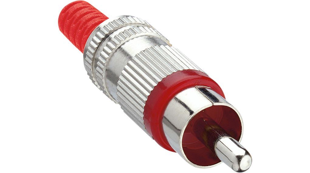RCA mannelijke connector conform JEITA RC-5231, rechte uitvoering, met metalen behuizing, knikbeveiliging en soldeeraansluitingen