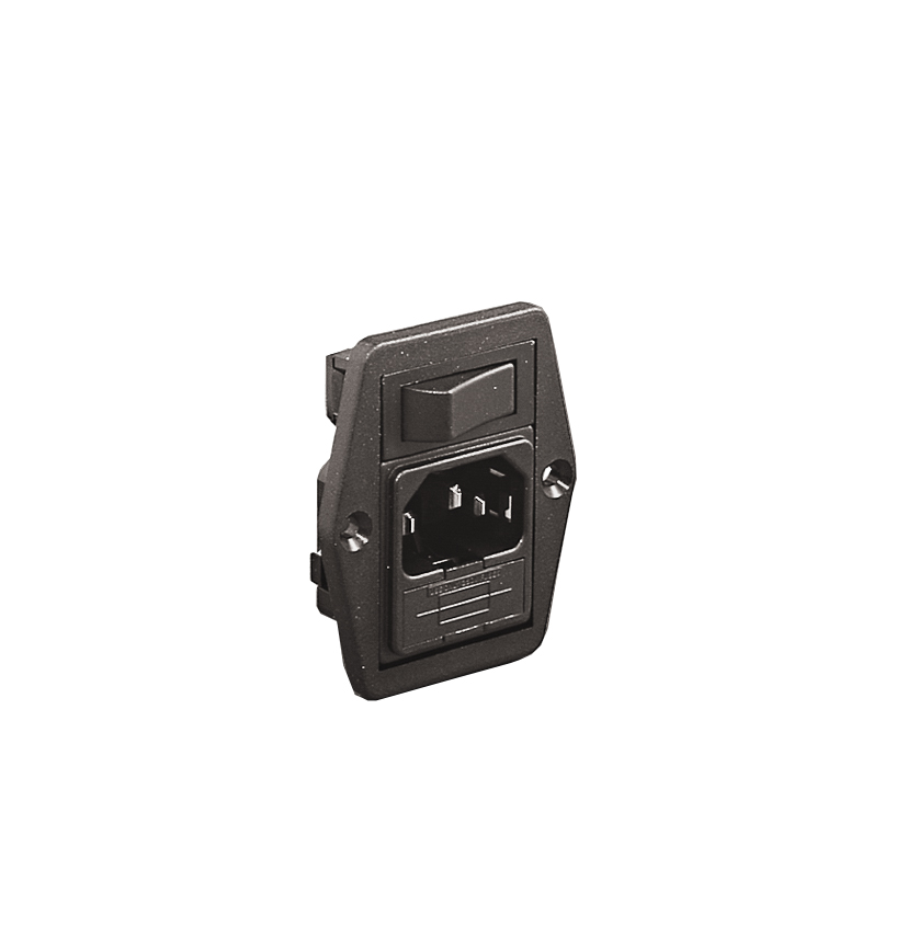 Vertical Power Entry Module 59mm Side Fixing Flange Mount C14 Cold Condition Inlet Integral Twin Fused (PF0033) 6.3mm Tab Termination Unfiltered Single Contact Illuminated Switch Marked I/O Green