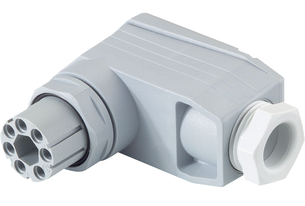 NR-ronde connector, DIN 43651, 6+PE-pinnen, veldmontage, vrouwelijk, haaks