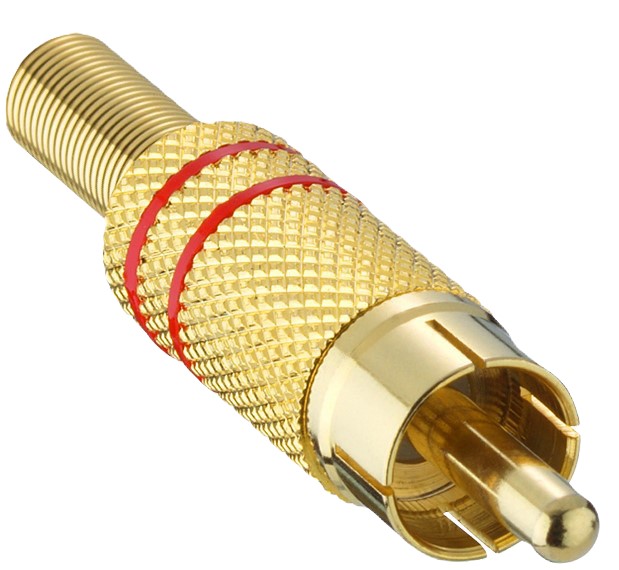 RCA mannelijke connector conform JEITA RC-5231, rechte uitvoering, met metalen behuizing, knikbeveiliging en soldeeraansluitingen