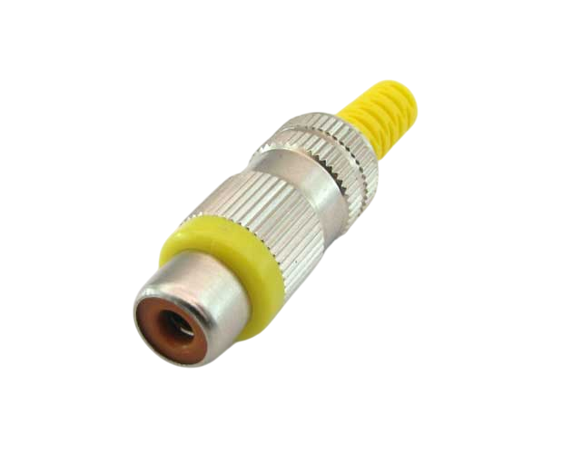 RCA vrouwelijke connector conform JEITA RC-5231, rechte uitvoering, met metalen behuizing, knikbeveiliging en soldeeraansluitingen