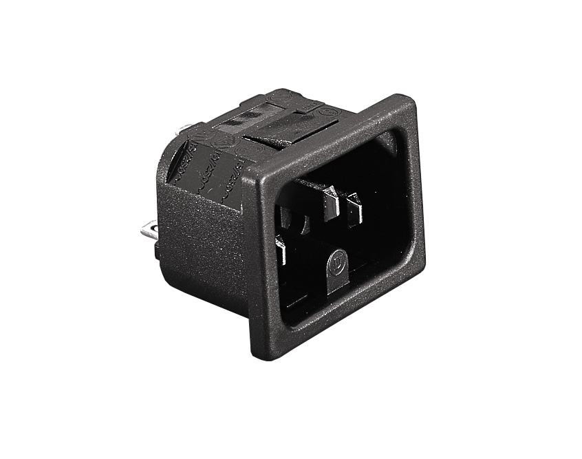 IEC Connector Snap-fit paneelinlaat PX0595 Series 1.5mm paneel zwart 2.8mm soldeertag-terminatie EN60 320-1 Standard Sheet C15 and C16 Class I.