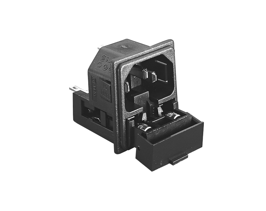 IEC Connector snap-fit voor paneel, dubbele zekeringingang PF0033 Series 1.5mm paneel 2.8mm soldeertag-terminatie EN60 320-1 Standard Sheet C14 Class I.