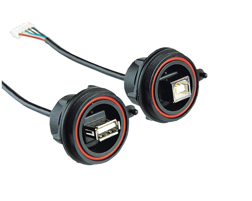 Front Panel Mount Leaded USB Connector PX0460 Series Sealed A Socket: frontpaneel naar 5 Way Crimp Connector met exposed braid.
