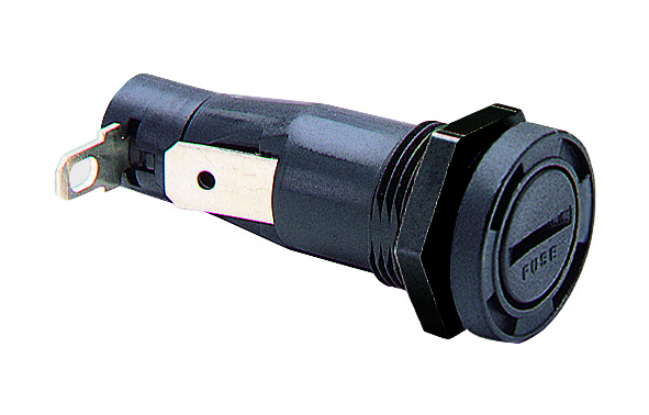 Fuseholder Protection Category PC2 Panel Mount D Shape Mounting Hole 4.8mm Right Angle Solder Tag Termination 6.3mm x 32mm Fuse Screw Cap Carrier Screwdriver Release