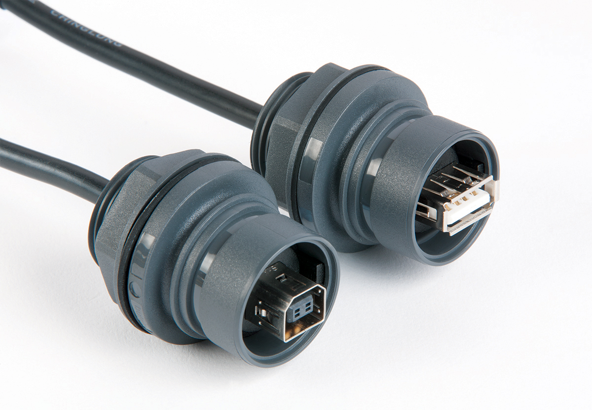 Plastic Body Front Panel Mount Leaded USB Connector PXP6043 Series Sealed A Socket Front of Panel To 5 Way Crimp Connector
