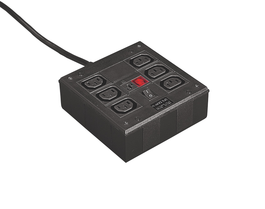 Box Style Rectangular IEC Distribution Unit PXD703 Series BS1363 Plug on 2M Cable 6 Shuttered Outlet Switched Fused With Neon Indicator EMI Filtered