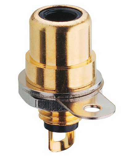 RCA vrouwelijke rechte chassis connector verguld met soldeerogen, voor montage aan de voorzijde