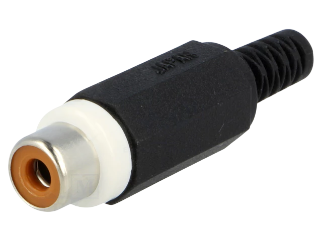 RCA vrouwelijke connector conform JEITA RC-5231, rechte uitvoering, met kunstof behuizing, knikbeveiliging en soldeeraansluitingen