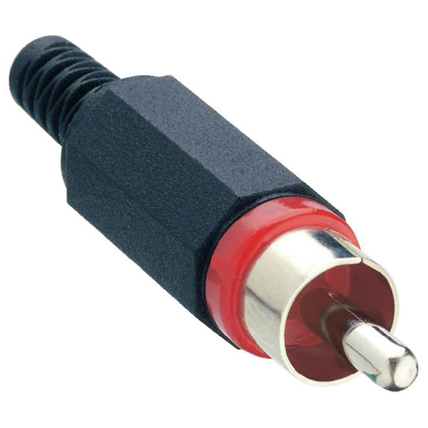 RCA mannelijke connector conform JEITA RC-5231, rechte uitvoering, met kunstof behuizing, knikbeveiliging en soldeeraansluitingen
